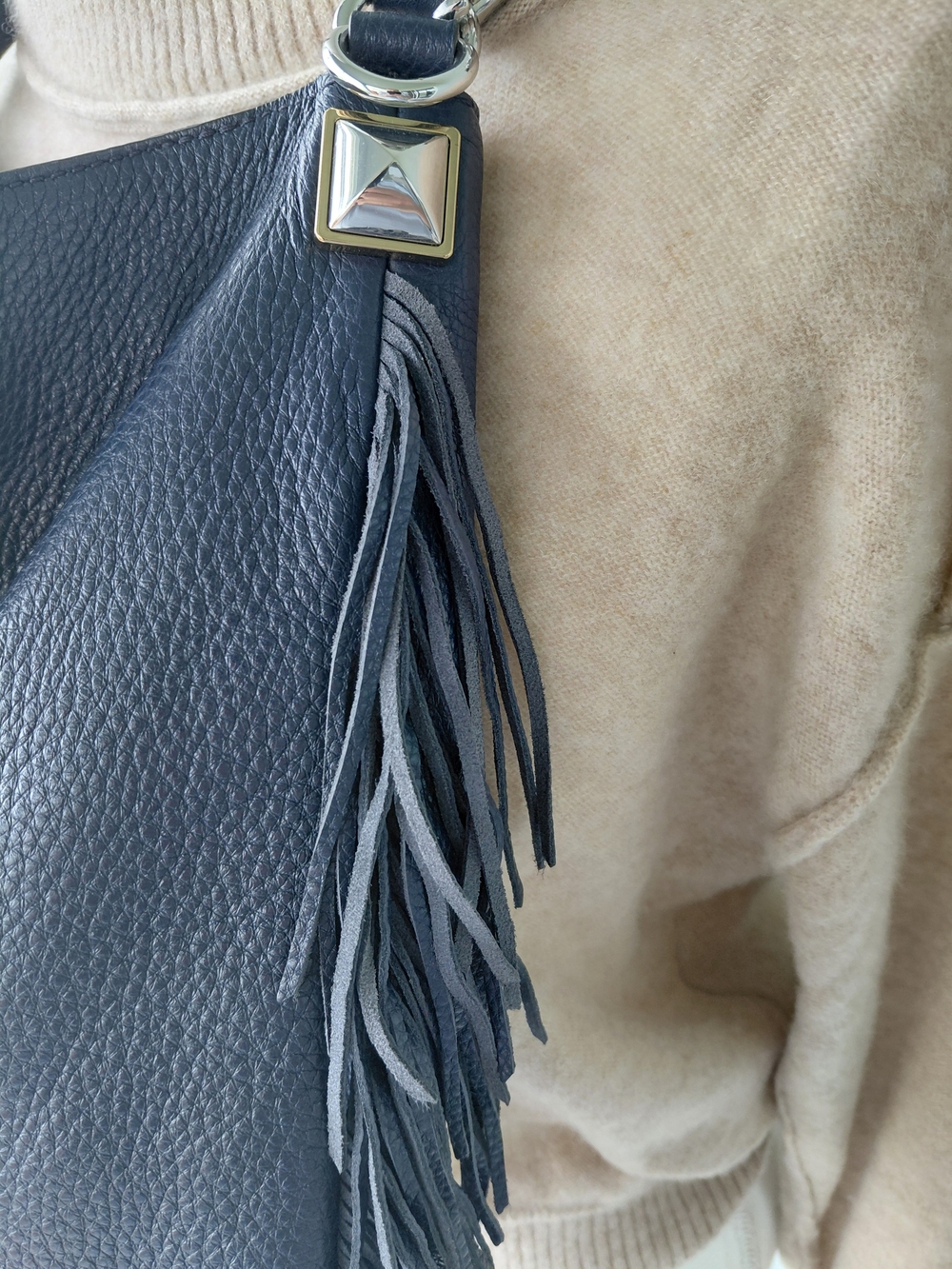 Rebecca Minkoff Navy Blue Genuine Leather Fringe Hobo Crossbody Bag Boho - Picture 4 of 14